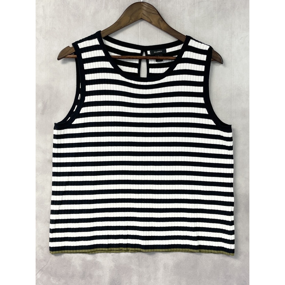 Halogen Womens Striped Sweater Tank Size L Rib Knit Coastal Preppy Parisian